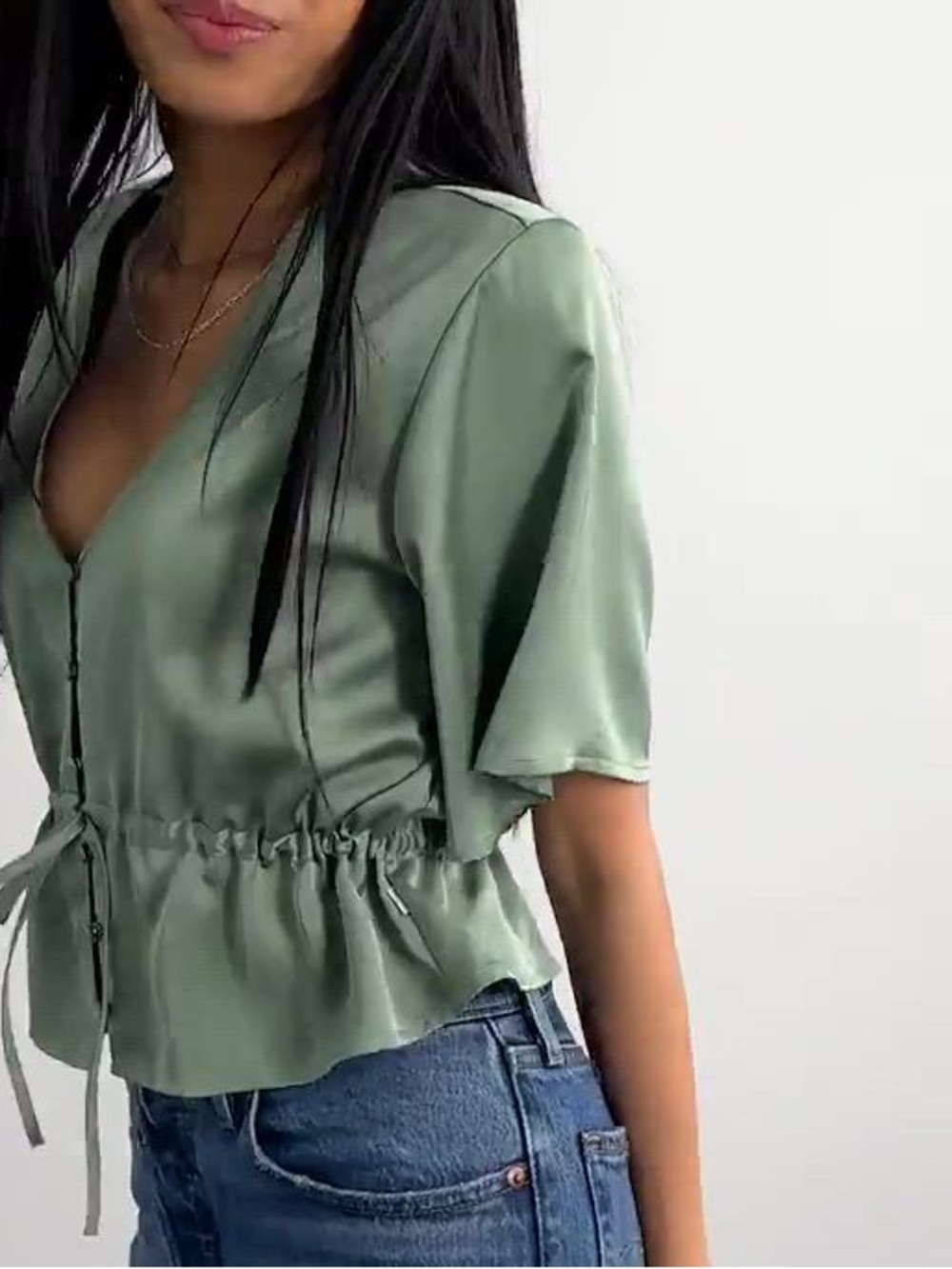 Levi's Satin V-Neck Drawstring Peplum Top - Sage